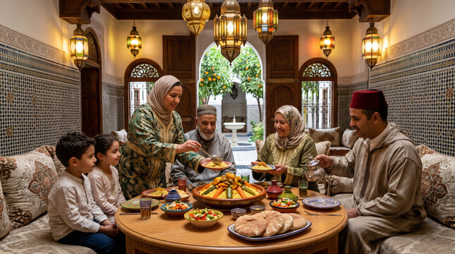 Moroccan Family Sharing Traditional Couscous Meal