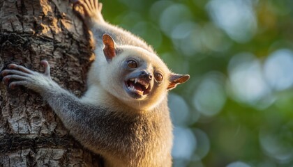 Fototapeta premium Close-up of a fluffy lemur with sharp teeth clinging to a tree trunk.