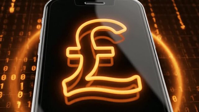 Glowing Pound Sterling Symbol Appears on Smartphone Screen Amidst Digital Binary Code Flow - Financial Technology Concept