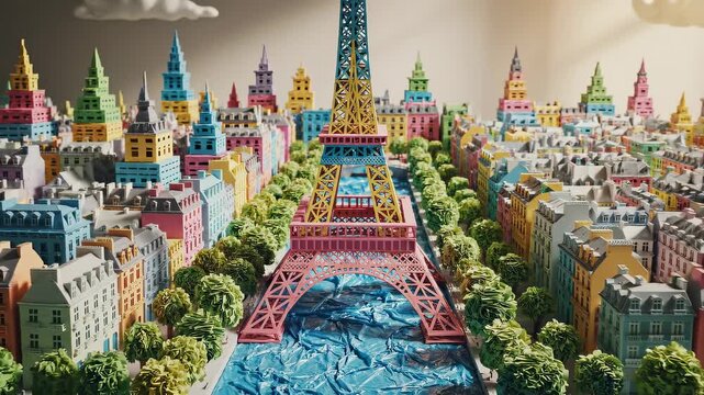 Colorful miniature model of the Eiffel Tower surrounded by a vibrant cityscape and green trees under diffused light