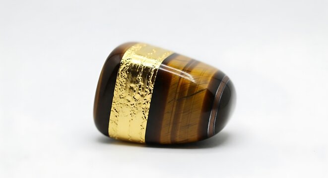 A single polished tiger eye gemstone with a central gold band on white background.
