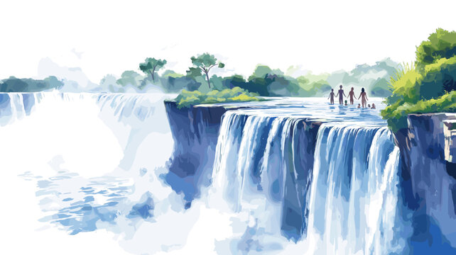 Victoria Falls Devils Pool. Victoria Falls Devils Pool hand drawn watercolor illustration on white background