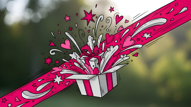 A pink and white gift box with hearts and stars exploding out of it