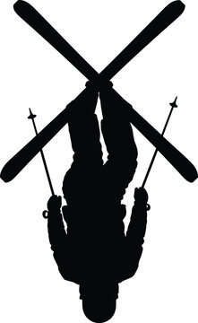Skier silhouette performing jump with crossed skis extreme winter sport action and freestyle skiing illustration