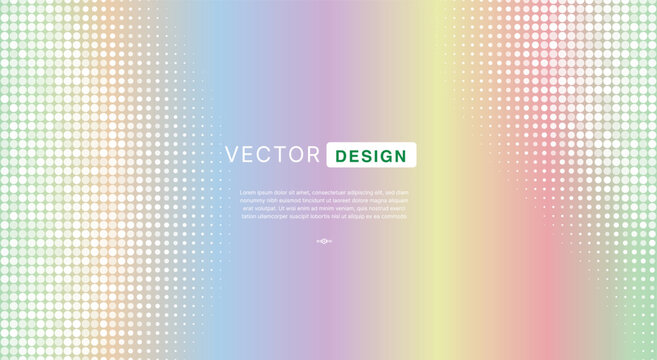 Pastel holographic abstract halftone dot background. Multi colored neon rainbow gradient, white fading pixel matrix border, text placeholder. For modern slide layout. Vector graphic.