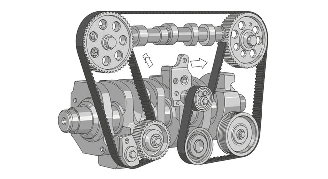Technical diagram of car engine timing belt and pulleys