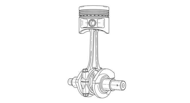 Technical drawing of automotive piston with connecting rod and crankshaft