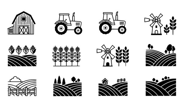 Farm agriculture icon set vector rural countryside black white design