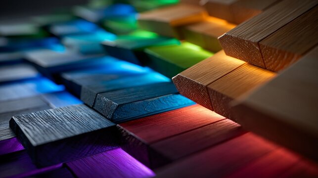 Nahaufnahme von bunten, gestapelten Holzbl&ouml;cken in verschiedenen Farben mit gl&auml;nzender Oberfl&auml;che und modernem Design.