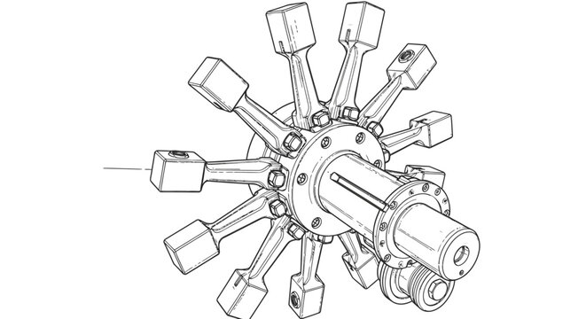 Technical illustration of radial engine piston and crankshaft assembly
