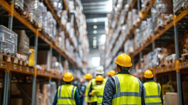 Warehouse workers in safety gear walk through a large distribution center aisle, managing inventory and logistics operations in a modern supply chain environment.generative ai