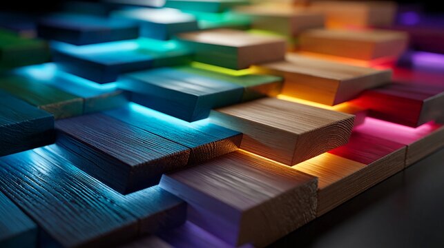 Nahaufnahme von bunten, gestapelten Holzbl&ouml;cken in verschiedenen Farben mit gl&auml;nzender Oberfl&auml;che und modernem Design.