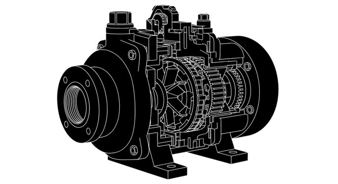 Technical line art illustration of industrial pump internal components