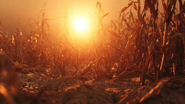 Withered Corn Field Under Blazing Summer Sun, Symbolizing Devastating Drought Impact