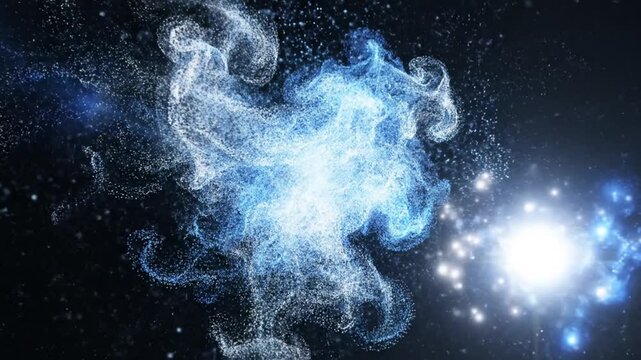 Blue and white particle explosion in dark space