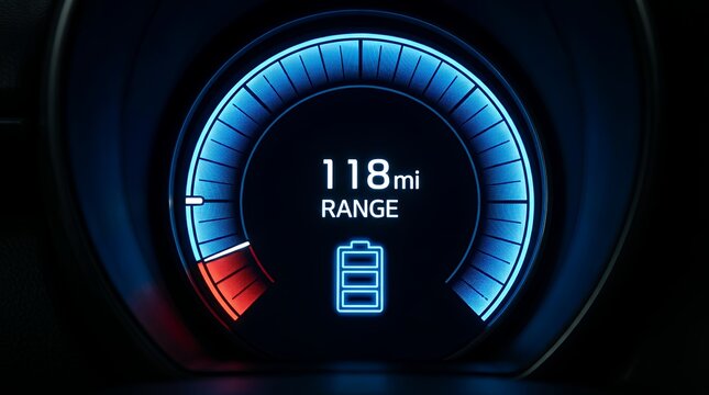Close up of an electric vehicle dashboard showing a battery indicator and remaining range of 118 miles electric car meter gauge digital display technology energy power car interior