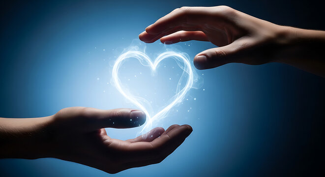 Two hands gently hold a glowing heart-shaped light, symbolizing love, care, and connection