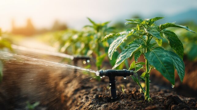 Precision irrigation emitters watering young plants in a sunlit agricultural field