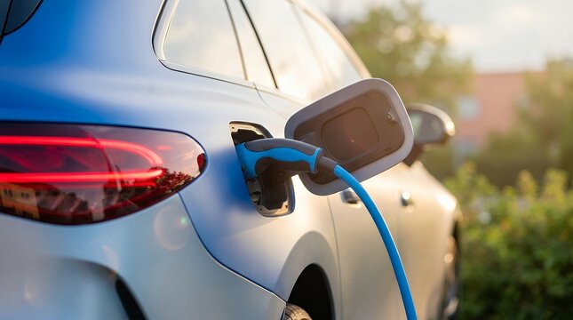 A close up side view shows a silver electric vehicle connected to a blue charging cable with the charging port open suggesting an eco friendly transport charging electric car