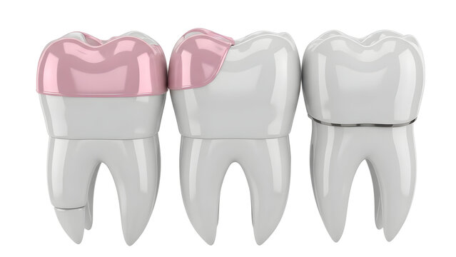 Dental restoration process three teeth showing different stages of filling and crown placement