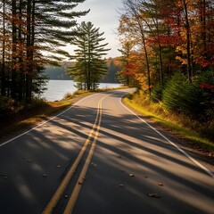 Obraz premium Winding road through autumnal forest, leading to a serene lake