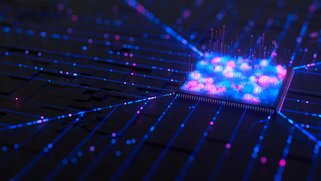 Closeup of Artificial intelligence microchip, central data processing unit on circuit board. Quantum computing core with data flow into and logic operations. Futuristic technology neural network.