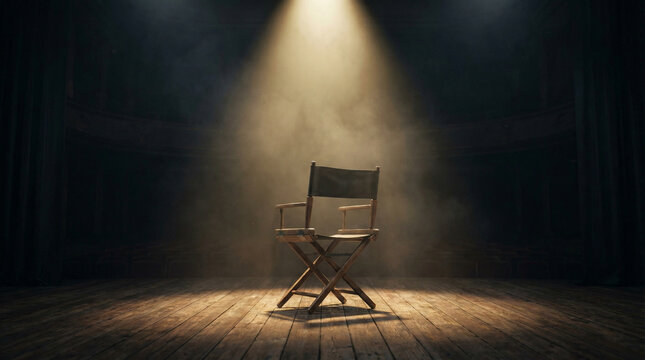 Single empty director chair under dramatic spotlight on theater stage with smoke, symbolizing leadership, opportunity, creativity, audition, waiting, success, ambition and cinematic storytelling mood.