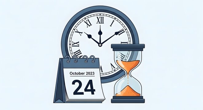 Time management and scheduling concept with an analog clock, calendar, and hourglass. Represents planning, deadlines, and productivity for effective organization