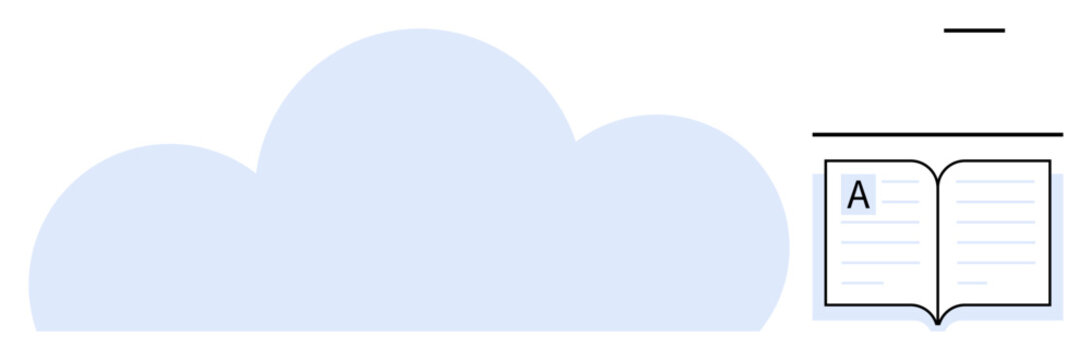 Cloud storage, learning, technology, knowledge sharing, digital education, online libraries. Light blue cloud next to an open book. Cloud storage and learning concept