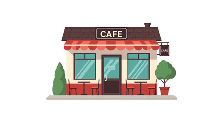 Obraz premium Small cafe storefront illustration with outdoor seating on white background