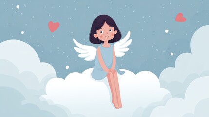 Fototapeta premium Cute angel sits on soft cloud. Cartoon style, good for Valentine's or baby designs.