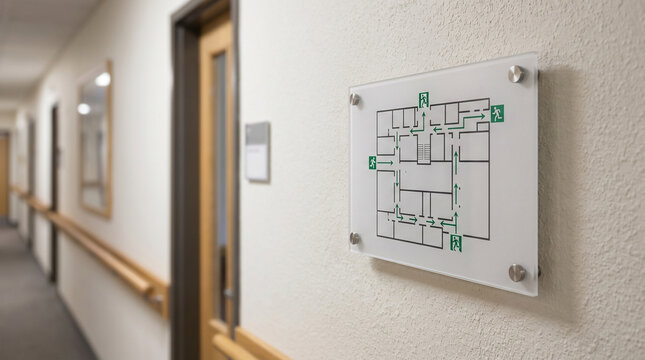 Exit plan diagram on wall in corridor of a modern building  