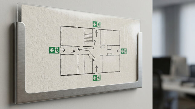 Exit plan diagram on wall in office with clear directions  
