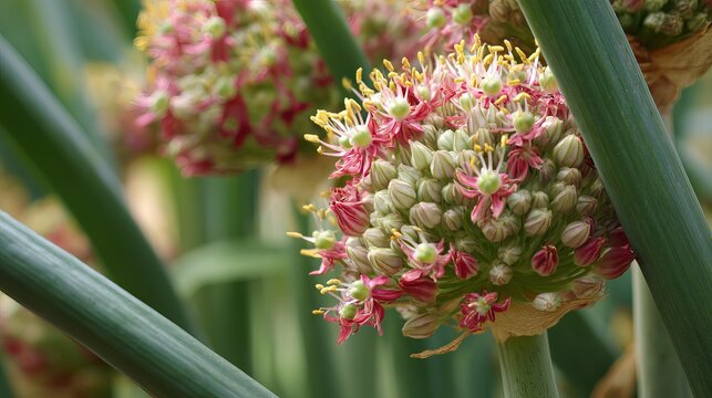 Ornamental leek plant, seeds forming where flowers were, in Baden-Wuerttemberg, Germany, Europe.
