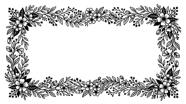 Hand-drawn floral border with flowers and leaves, black and white sketch.