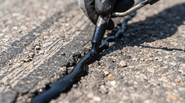 Crack sealing machine applying sealant on asphalt surface  
