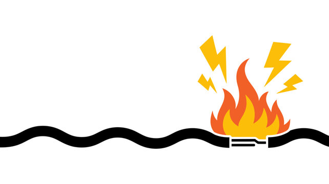 A vivid illustration showcasing a burning electrical wire with exposed internal components and intense flames.
