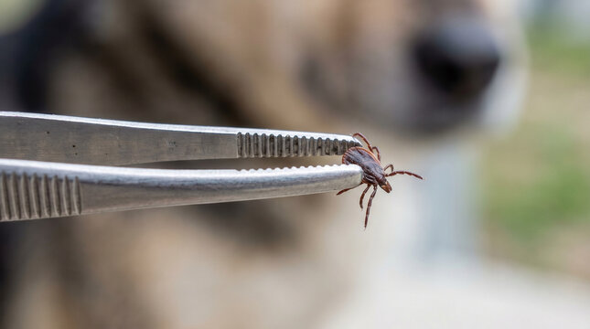 Tick removed with metal tweezers from dog's fur in outdoor setting  