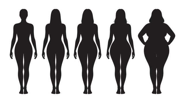 Five female body shape silhouettes illustrating a spectrum from slender to obese, representing body diversity and changes.