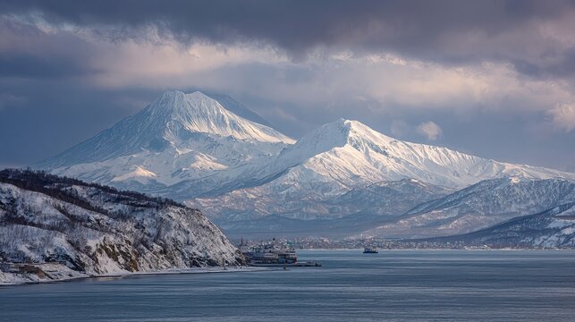 Snowy mountains of Vilyuchinsky volcano and calm Avacha Bay are seen in Russia's Petropavlovsk-Kamchatsky, with clouds overhead.