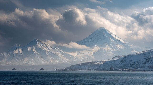 Snowy mountains of Vilyuchinsky volcano and calm Avacha Bay are seen in Russia's Petropavlovsk-Kamchatsky, with clouds overhead.