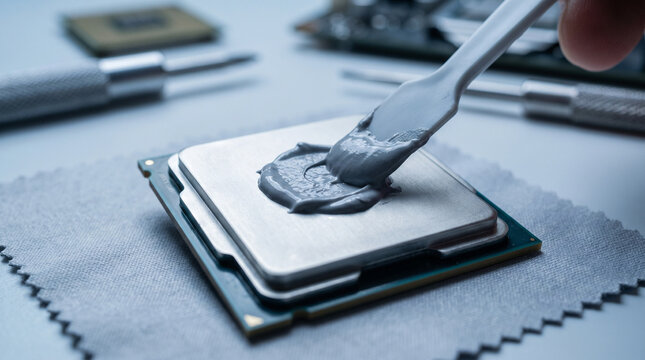 Hands applying thermal paste to a computer CPU on a gray surface  