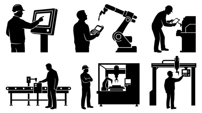 Industrial Automation Icons: Robotic Arm, Assembly Line, Control Panel, Worker
