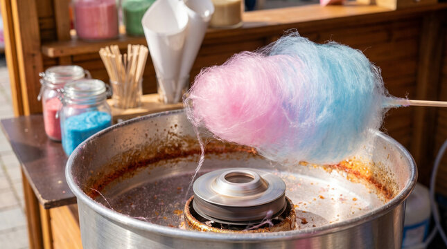 Cotton candy machine spinning sugar in a stall with pink and blue fluff  