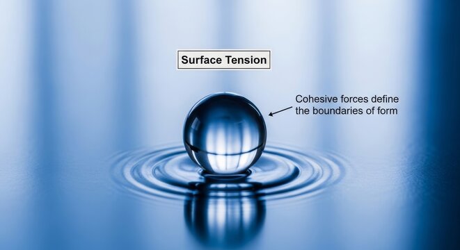 Water droplet demonstrating surface tension on reflective blue surface
