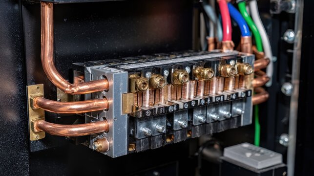 Intricate copper wiring network within industrial electrical panel