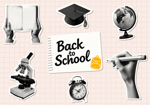 back to school concept set alarm clock graduation cap globe book in hands microscope pencil cut-out dotted halftone education learning collage elements on notebook paper background