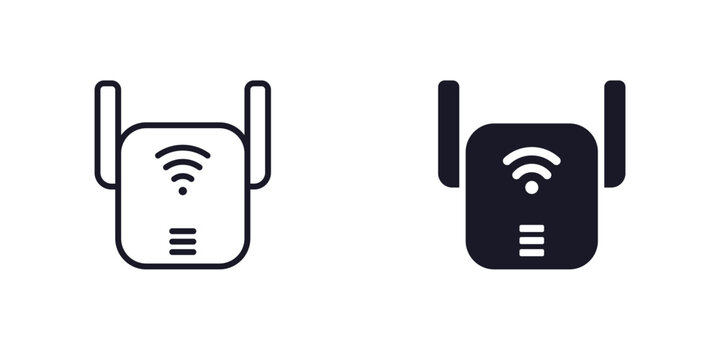 WiFi extender icon, internet signal booster line and solid design