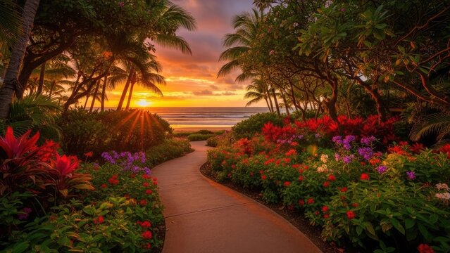 A serene tropical garden pathway leading to a beautiful sunset by the ocean