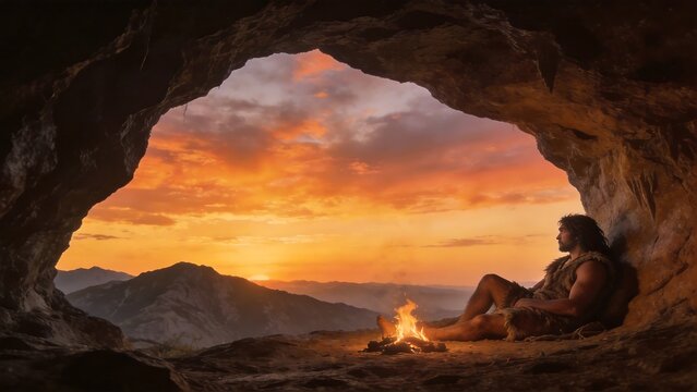 Cave dweller by campfire at sunset